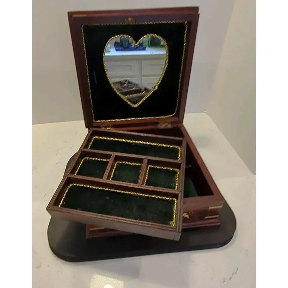 Large Vintage Inlaid Wood Jewelry Chest 10x10 Two-Tier Heart Mirror 9-Comp